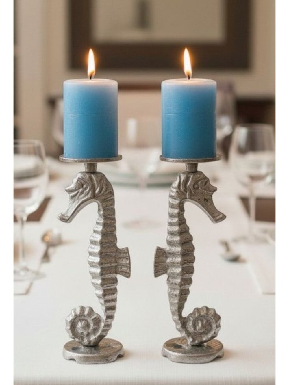 Vintage Metal Silver Seahorse Candle Holders Coastal Decor Coastal-Themed Table